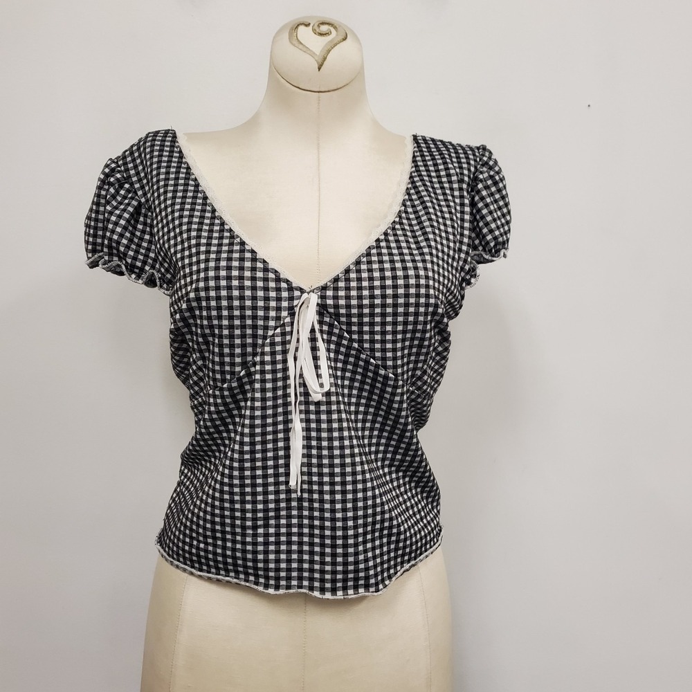 La Peche Womens Ruffle Sleeve Tie Front Babydoll Top Size XL Gingham Black White